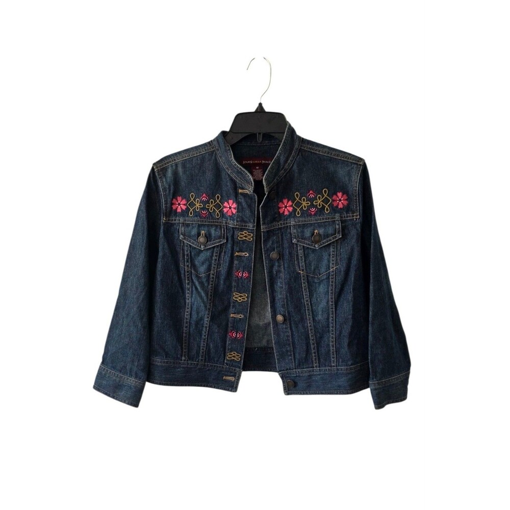 Jones Wear Jeans Dark Denim Jacket With Floral Embroidery High Collar: Size M